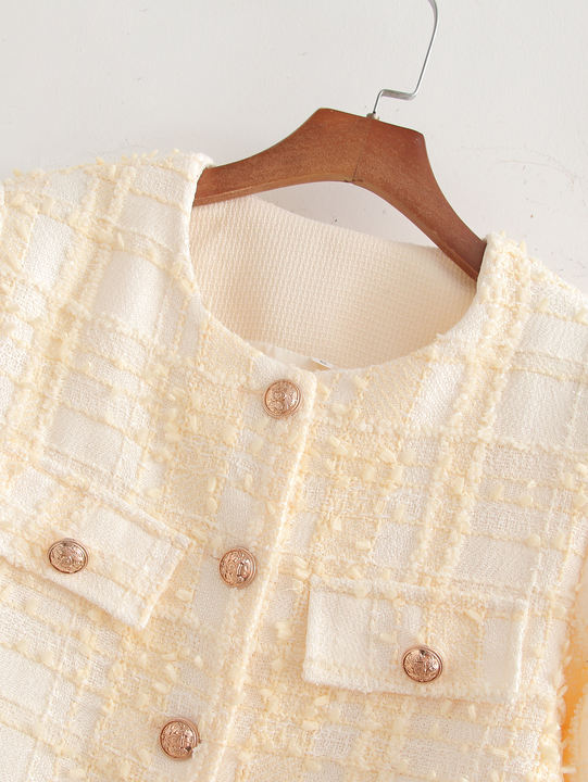 Crew Neck Beige Color Single Breasted Long Sleeve Hot Sale Casual Tweed Jacket for Women