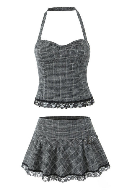 Gray Color Plaid Print Bottom Lace Hot Sale Casual Fashion Mini Skirt for Women
