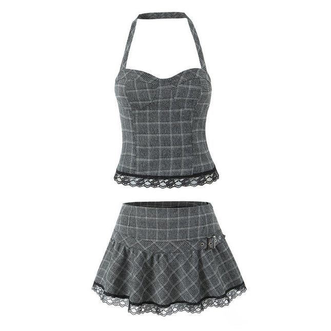 Gray Color Plaid Print Bottom Lace Hot Sale Casual Fashion Mini Skirt for Women