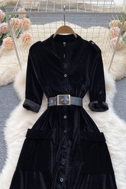 Autumn and Winter New Thickened Velvet Professional Dress A-line Slim Knee Length French Dress