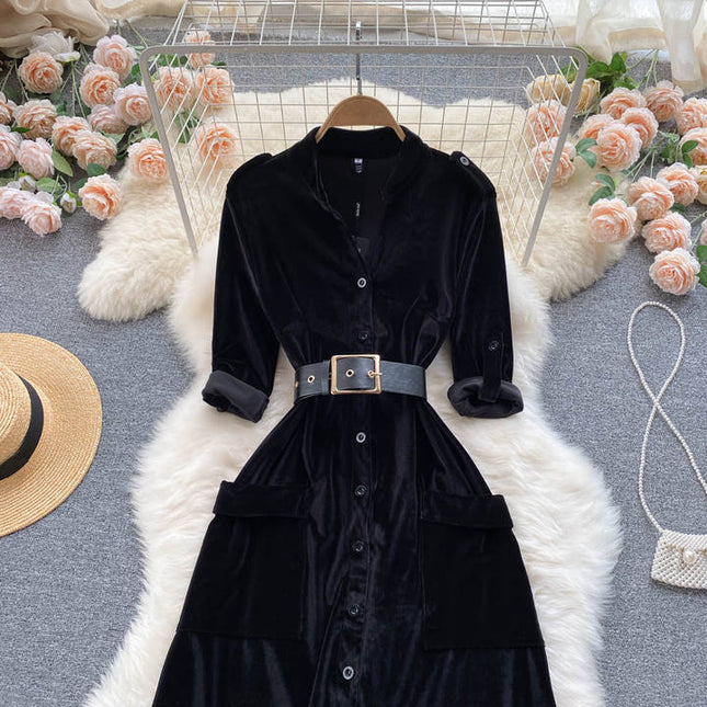 Autumn and Winter New Thickened Velvet Professional Dress A-line Slim Knee Length French Dress