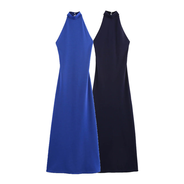 2 Colorway Sleeveless Solid Color Back Hollow Out Casual Fashion Long Halter Dress for Women