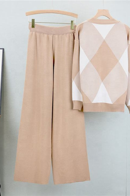 Autumn Fashion Loose Casual Knitted Cardigan Set Wide Leg Trousers and Knitted Cardigan Two-piece Set Female