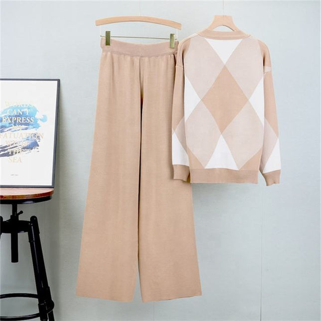 Autumn Fashion Loose Casual Knitted Cardigan Set Wide Leg Trousers and Knitted Cardigan Two-piece Set Female