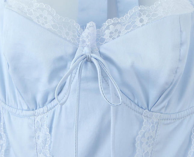 Back Hollow Out Blue Color Sleeveless Front Lace up Casual Fashion Cotton Summer Mini Halter Dress for Ladies