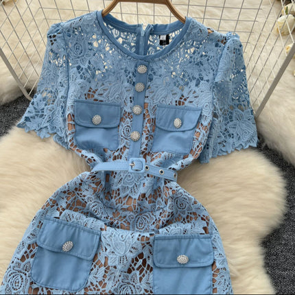 2025 Short Sleeved Dress with Hollow Embroidery Design for Women's Summer Mid Length Skirt