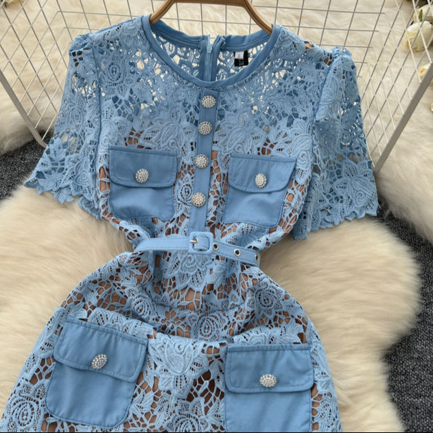 2025 Short Sleeved Dress with Hollow Embroidery Design for Women's Summer Mid Length Skirt