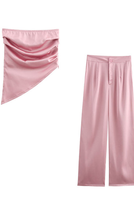 Strapless Zipper Fly pink Color tank Top Zipper Fly Long Pants Casual Fashion Women 2 Piece Set