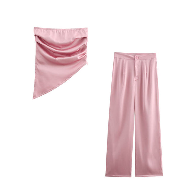 Strapless Zipper Fly pink Color tank Top Zipper Fly Long Pants Casual Fashion Women 2 Piece Set