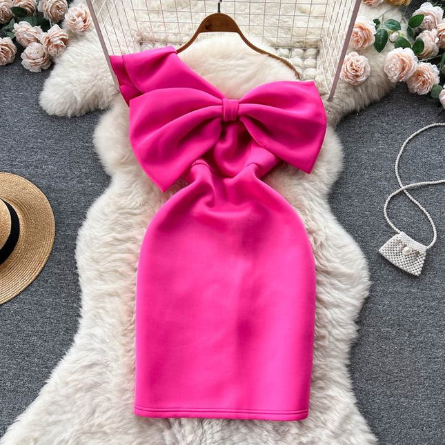 Summer New Sexy Irregular Bow Single Shoulder Diagonal Collar Bustier Tight Sleeveless Mini Dress