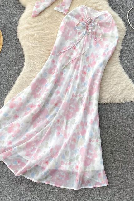 Women Halter Sleeveless Top And Floral Printed Hip Skirts Set Clothing Wholesale