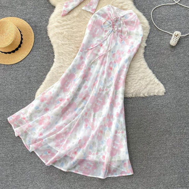 Women Halter Sleeveless Top And Floral Printed Hip Skirts Set Clothing Wholesale