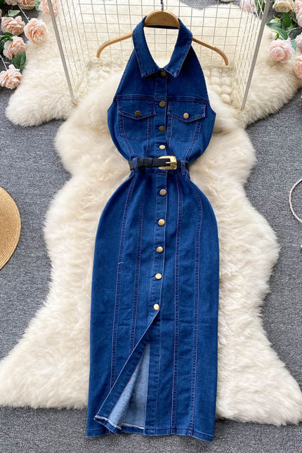 Vestido de denim feminino, sensual vestido casual elegante, de alça única, para mulheres, lace up, controlado na cintura, moda de emagrecimento