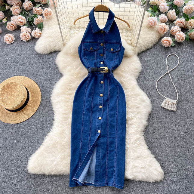 Vestido de denim feminino, sensual vestido casual elegante, de alça única, para mulheres, lace up, controlado na cintura, moda de emagrecimento