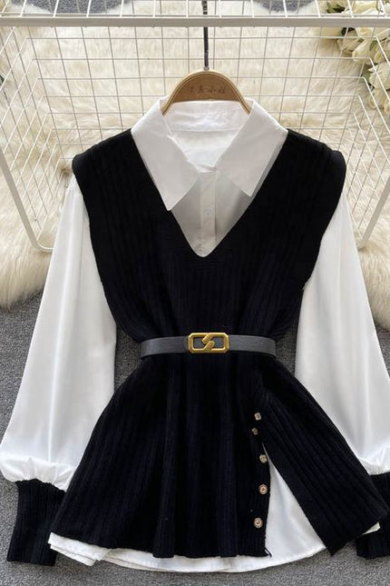 Two Piece Suit Green Sleeveless Knitted Vest White Long Sleeved Shirt Top Autumn Woman