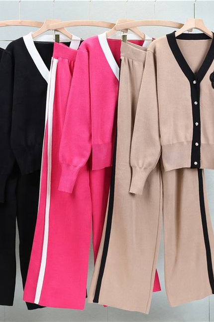 2024 Autumn and Winter New Sweater Set V-neck Long-sleeved Cardigan Top Loose Wide-leg Pants Two-piece Set