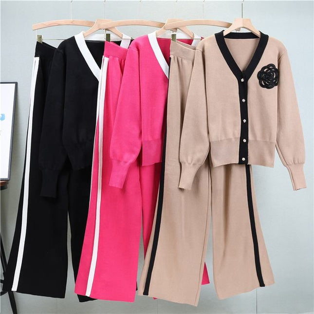 2024 Autumn and Winter New Sweater Set V-neck Long-sleeved Cardigan Top Loose Wide-leg Pants Two-piece Set