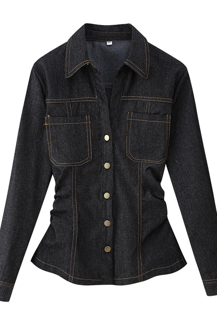 Denim Black Color Long Sleeve Single Breasted Turn Down Collar Casual Fashion Jeans Tops Blouse for Women