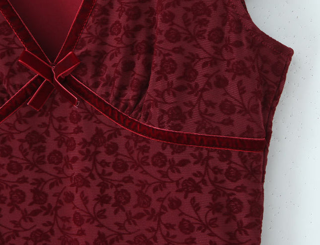 V Neck Red Color Short Sleeve Front Bow Tie Casual Fashion Mini Summer Dress for Women