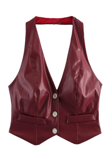 Back Hollow Out Buttons up Halter tank Top Mini Leather Skirt Casual Fashion Women 2 Piece Set