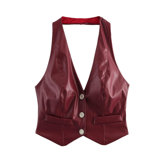 Back Hollow Out Buttons up Halter tank Top Mini Leather Skirt Casual Fashion Women 2 Piece Set