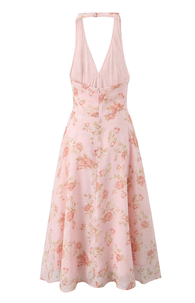 Floral Print Back Hollow Out pink Color Sleeveless Casual Fashion Summer Long Halter Dress for Women