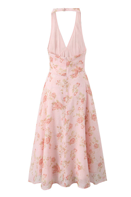 Floral Print Back Hollow Out pink Color Sleeveless Casual Fashion Summer Long Halter Dress for Women