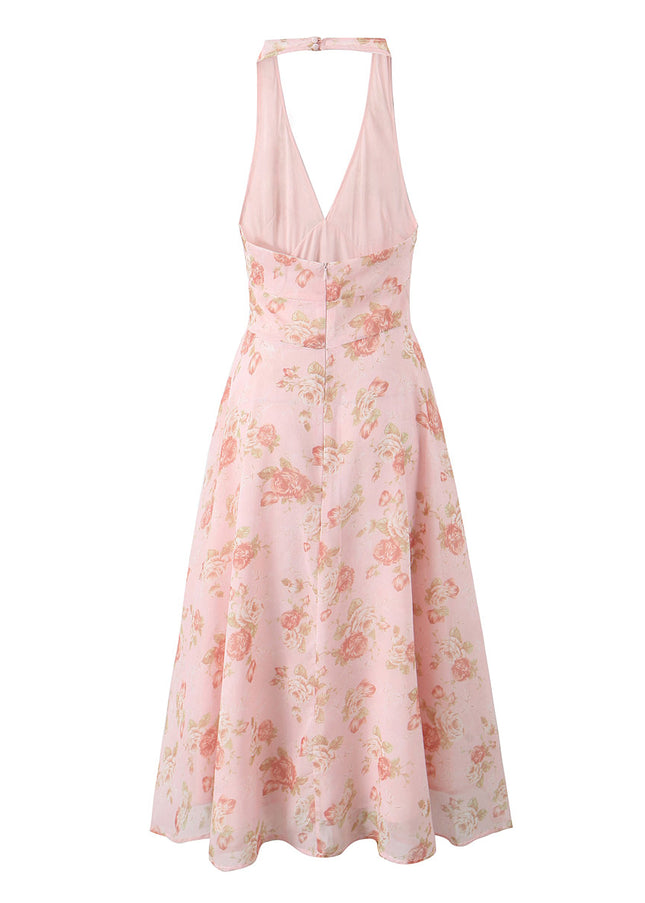 Floral Print Back Hollow Out pink Color Sleeveless Casual Fashion Summer Long Halter Dress for Women