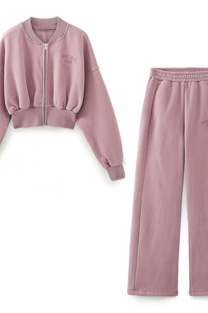 V Neck pink Color Long Sleeve Letter Embroidery Zipper Fly Casual Fashion pilot Jacket for Women