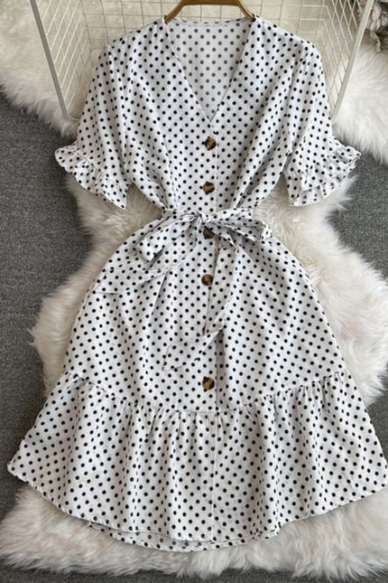 Short Sleeved V-Neck Lace-Up Single-Breasted A-Line Ruffled Polka Dot Dress Female