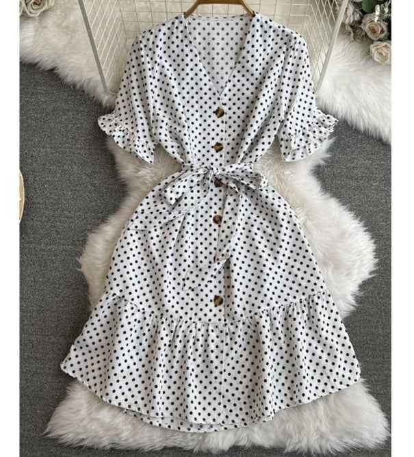 Short Sleeved V-Neck Lace-Up Single-Breasted A-Line Ruffled Polka Dot Dress Female