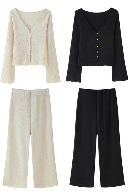 2 Colorway Solid Color v Neck Buttons up Long Sleeve Blouse Long Pants Casual Fashion Women 2 Piece Set
