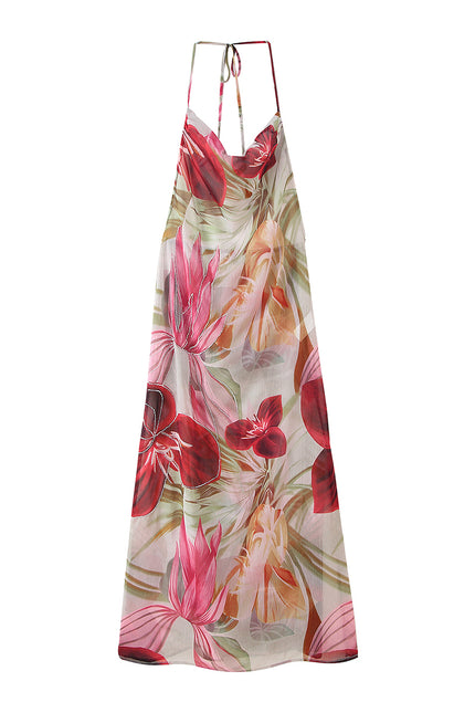 Back Hollow Out Floral Print Multi Color Sleeveless Casual Fashion Long Halter Dress for Women