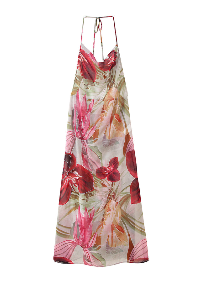 Back Hollow Out Floral Print Multi Color Sleeveless Casual Fashion Long Halter Dress for Women