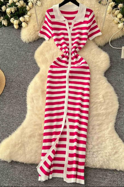 Vintage Lapel Single Breasted Cardigan Striped Women Knit Long Dresses
