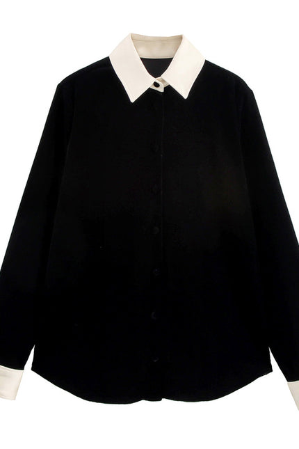 Turn Down Collar Black Color Long Sleeve Buttons up Casual Fashion Shirts Tops Blouse for Ladies