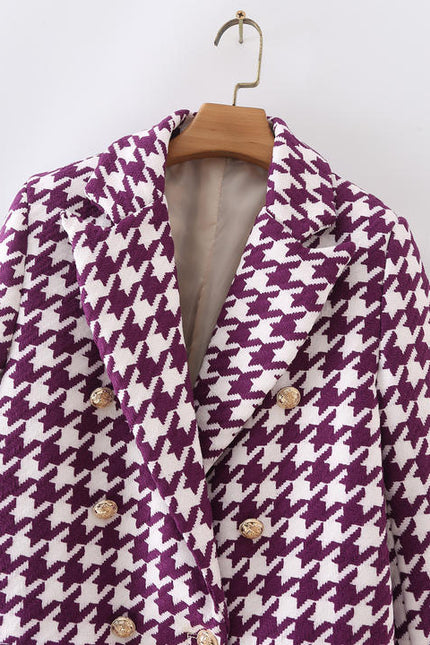 Purple Color Swallow Grid Design Double Breasted Notched Collar Long Sleeve Sexy Elegant Women Fashion Casual blazer