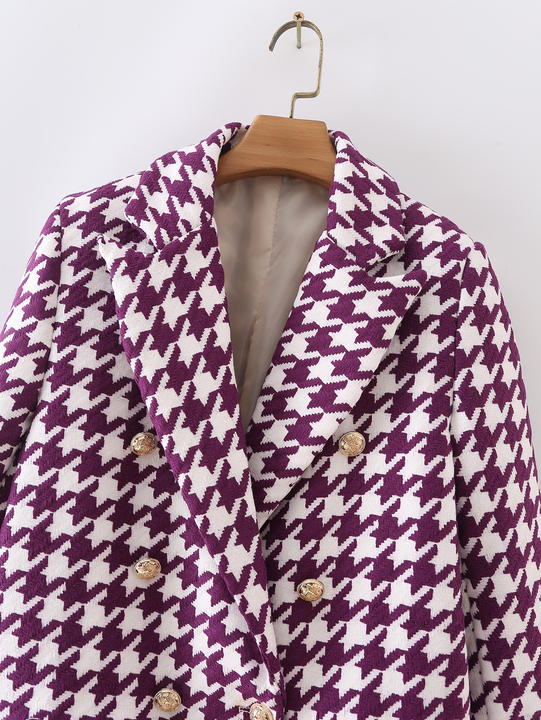 Purple Color Swallow Grid Design Double Breasted Notched Collar Long Sleeve Sexy Elegant Women Fashion Casual blazer