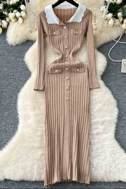 Vintage Collision Lapel Long Sleeve Slim Tight Vertical Knit Dress
