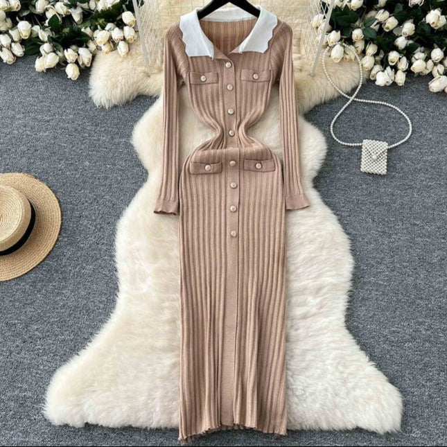Vintage Collision Lapel Long Sleeve Slim Tight Vertical Knit Dress