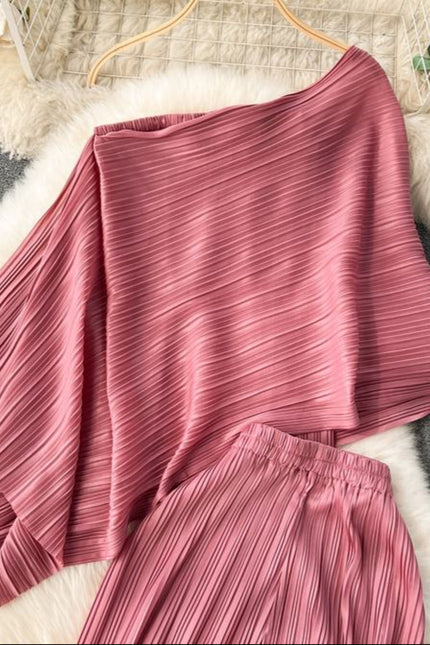 Summer New Irregular Loose Shirt Pleated High Waist Wide Leg Long Pants Women's Set