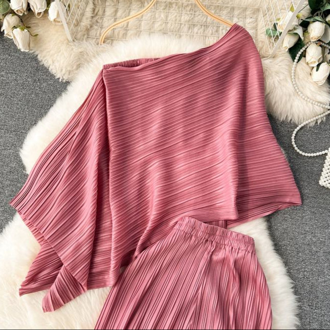 Summer New Irregular Loose Shirt Pleated High Waist Wide Leg Long Pants Women's Set