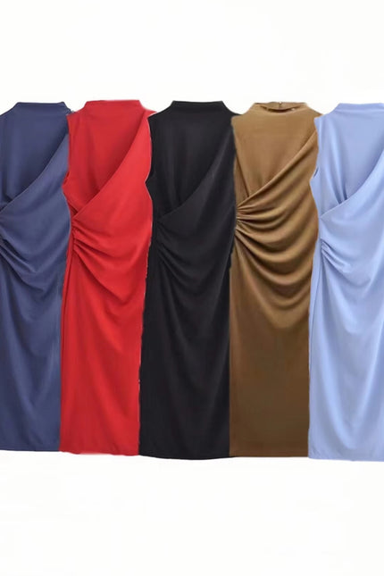 5 Colorway Pleated Sleeveless Solid Color Crew Neck Casual Fashion Summer Long Dress for Women