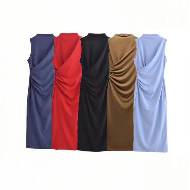5 Colorway Pleated Sleeveless Solid Color Crew Neck Casual Fashion Summer Long Dress for Women