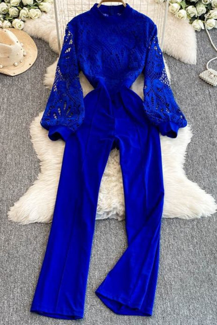 Lace Patchwork Lantern Sleeve Jumpsuit for Women in Spring and Autumn Wide Leg Pants