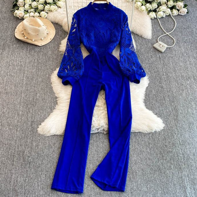 Lace Patchwork Lantern Sleeve Jumpsuit for Women in Spring and Autumn Wide Leg Pants
