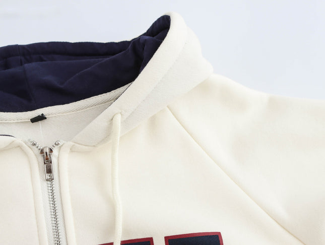 Letter Print Beige Color Long Sleeve Zipper Fly Casual Fashion Jacket with Hooded for Women