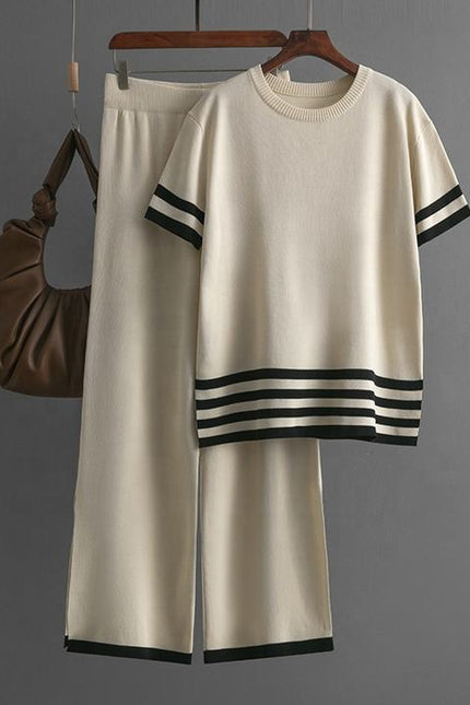 Summer Contrast Stripe Split Short Sleeve Knitwear High Waist Slim Pants Women's Set