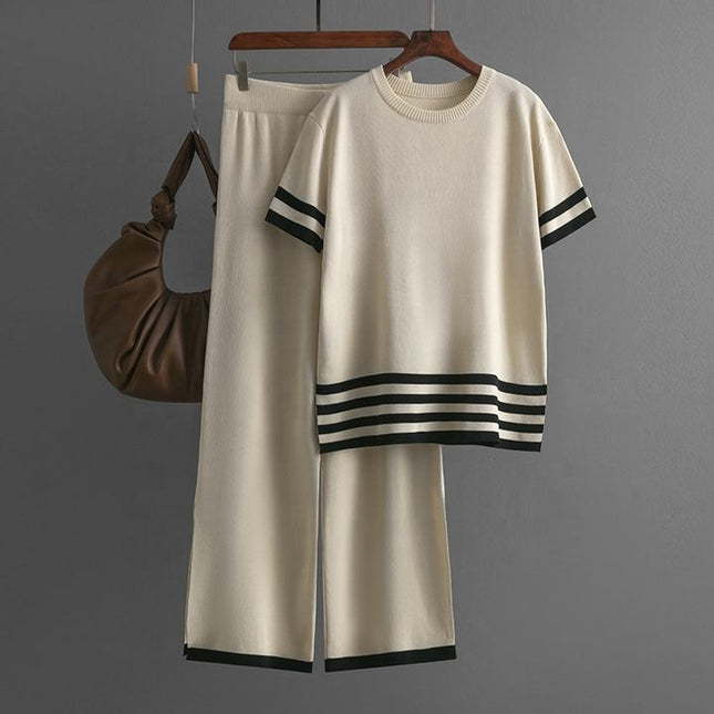 Summer Contrast Stripe Split Short Sleeve Knitwear High Waist Slim Pants Women's Set