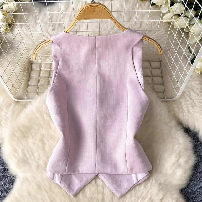 French Suit Vest High Waisted Pleated Two Piece Skirt Set